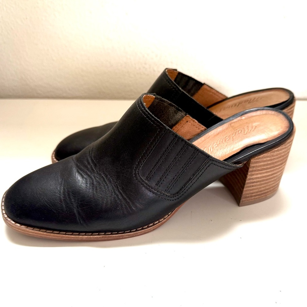 Madewell The Carey Mule Black and Brown Leather with Chunky Wooden Heel Size 8
